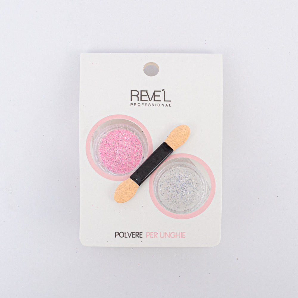 Decoración para uñas Revel Professional polvere per unghie polvo fino rosa y blanco con aplicador sobre fondo blanco