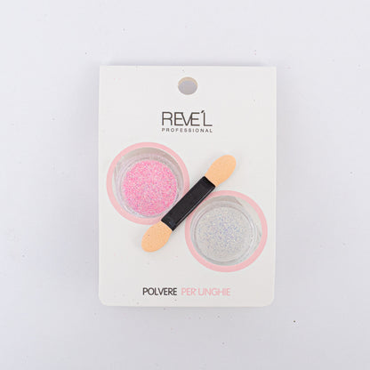 Decoración para uñas Revel Professional polvere per unghie polvo fino rosa y blanco con aplicador sobre fondo blanco