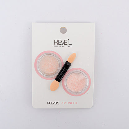 Decoración para uñas Revel Professional polvere per unghie polvo fino rosa melocotón con aplicador sobre fondo blanco