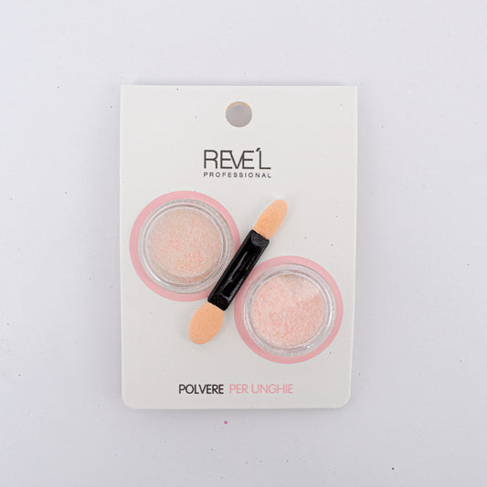 Decoración para uñas Revel Professional polvere per unghie polvo fino rosa melocotón con aplicador sobre fondo blanco