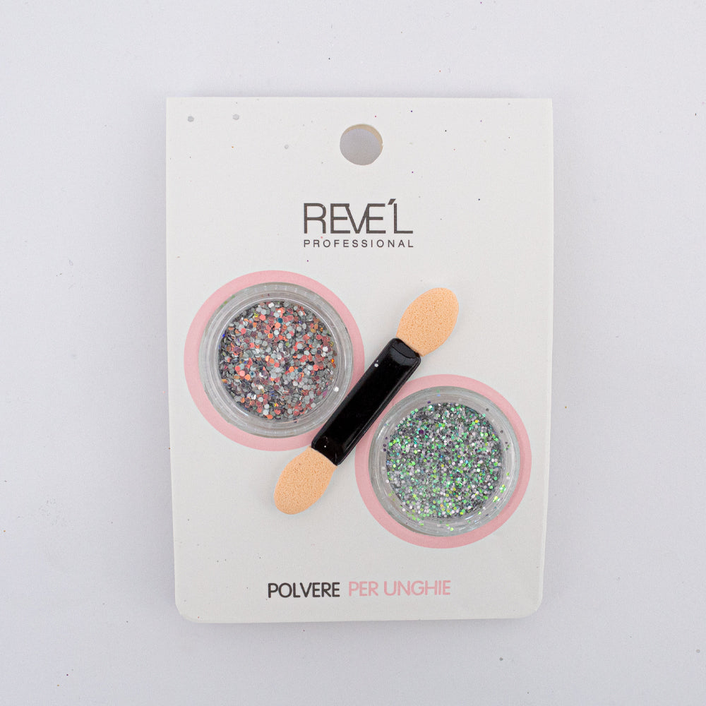 Decoración para uñas Revel Professional polvere per unghie perlas blancas con aplicador sobre fondo blanco