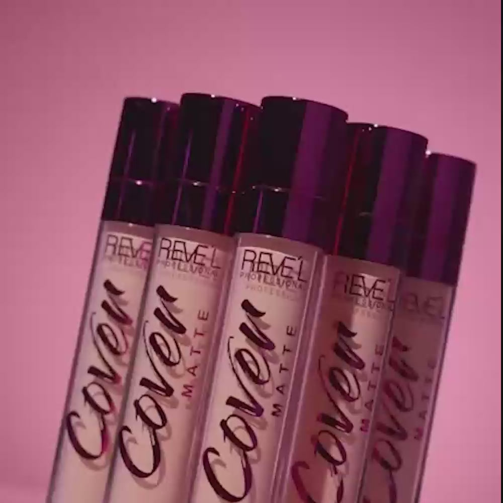 Corrector líquido Cover Matte Reve'l Professional con doble aplicador esponja y punta difuminadora en tono beige en video