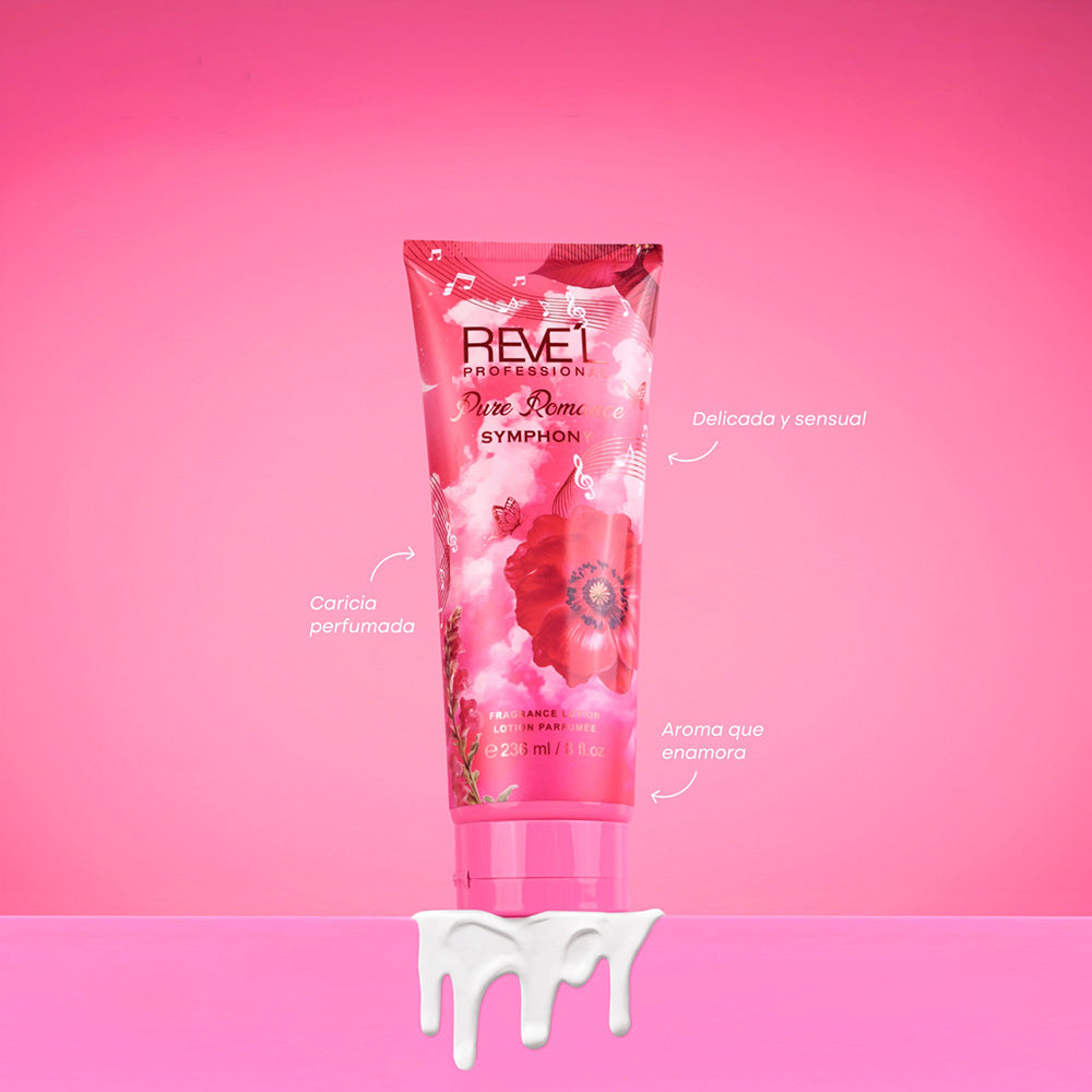 Pure Romance Symphony Loción Corporal Perfumada 236ml Reve'l Professional con diseño floral fucsia y amapolas en tubo rosa