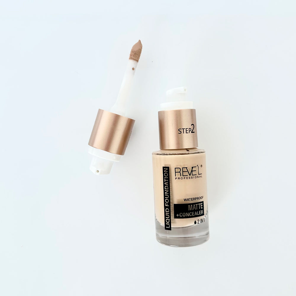 Base líquida matte waterproof 2 en 1 con corrector abierto mostrando aplicador Step 2 — Reve'l Professional 30 ml
