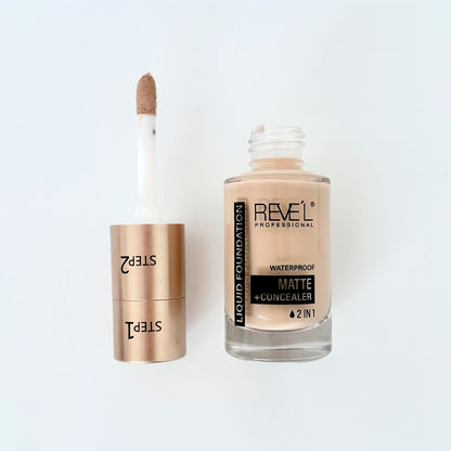 Base líquida matte waterproof 2 en 1 con tapa Step 1 y Step 2 separados mostrando corrector — Reve'l Professional 30 ml
