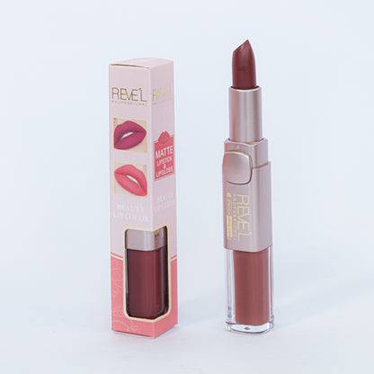 Reve'l labial y lipgloss 2 en 1 matte tono marrón oscuro con empaque, Beauty Lip Color
