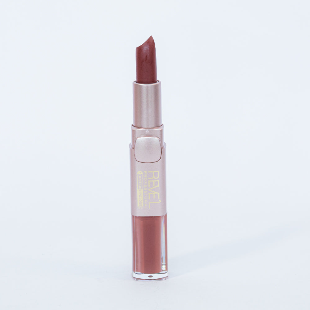 Reve'l labial y lipgloss 2 en 1 matte tono marrón oscuro en estuche rosa dorado