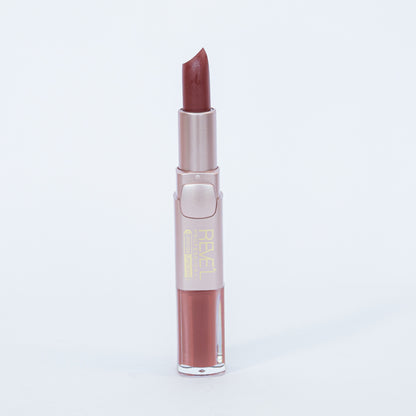 Reve'l labial y lipgloss 2 en 1 matte tono marrón oscuro en estuche rosa dorado