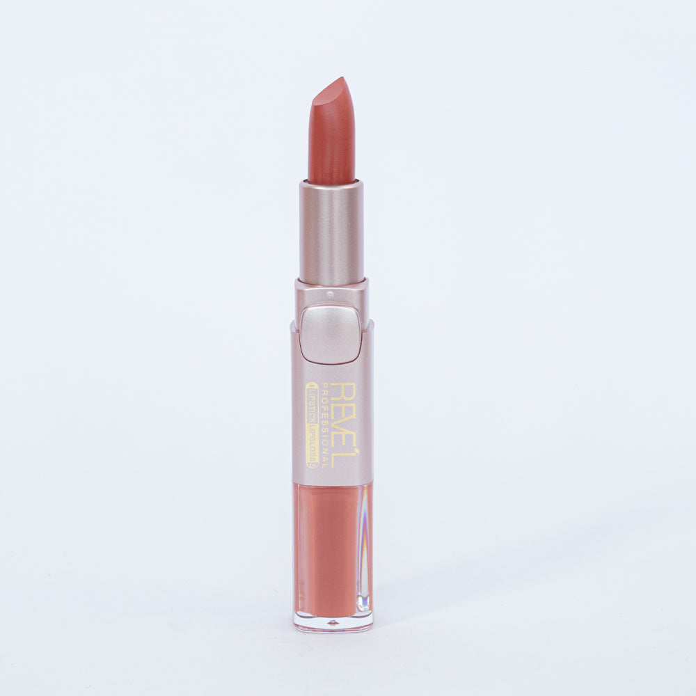 Reve'l labial y lipgloss 2 en 1 matte tono nude caramelo en estuche rosa dorado