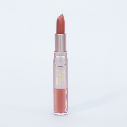 Reve'l labial y lipgloss 2 en 1 matte tono nude caramelo en estuche rosa dorado