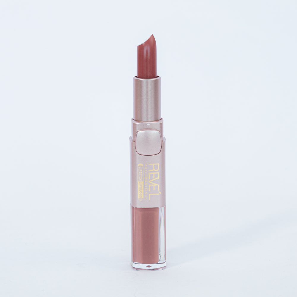 Reve'l labial y lipgloss 2 en 1 matte tono nude rosado en estuche rosa dorado