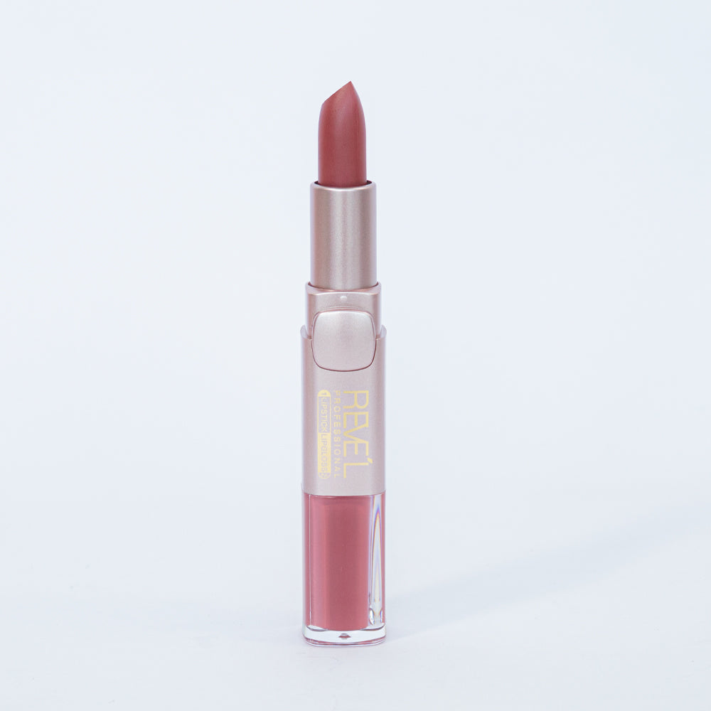 Reve'l labial y lipgloss 2 en 1 matte tono rosa terracota en estuche rosa dorado