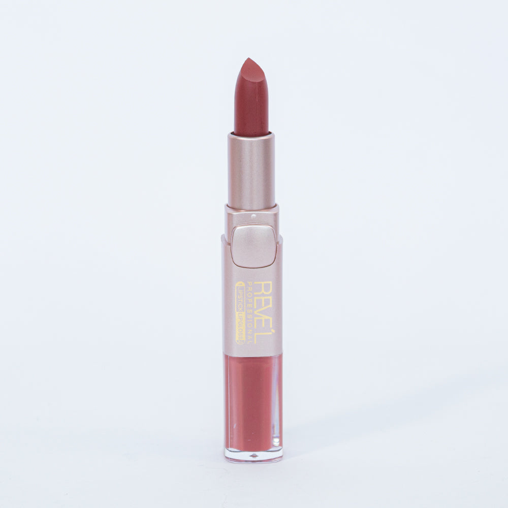 Reve'l labial y lipgloss 2 en 1 matte tono terracota en estuche rosa dorado