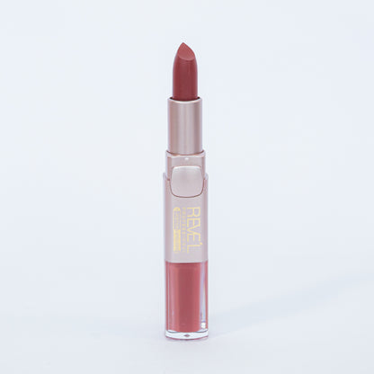 Reve'l labial y lipgloss 2 en 1 matte tono terracota en estuche rosa dorado