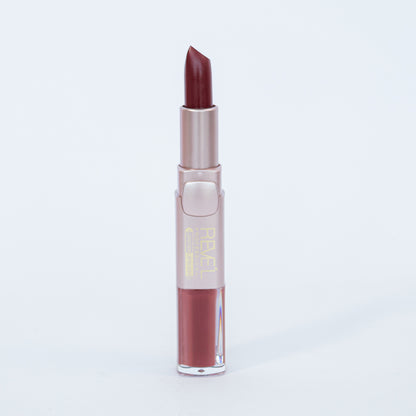 Reve'l labial y lipgloss 2 en 1 matte tono vino en estuche rosa dorado
