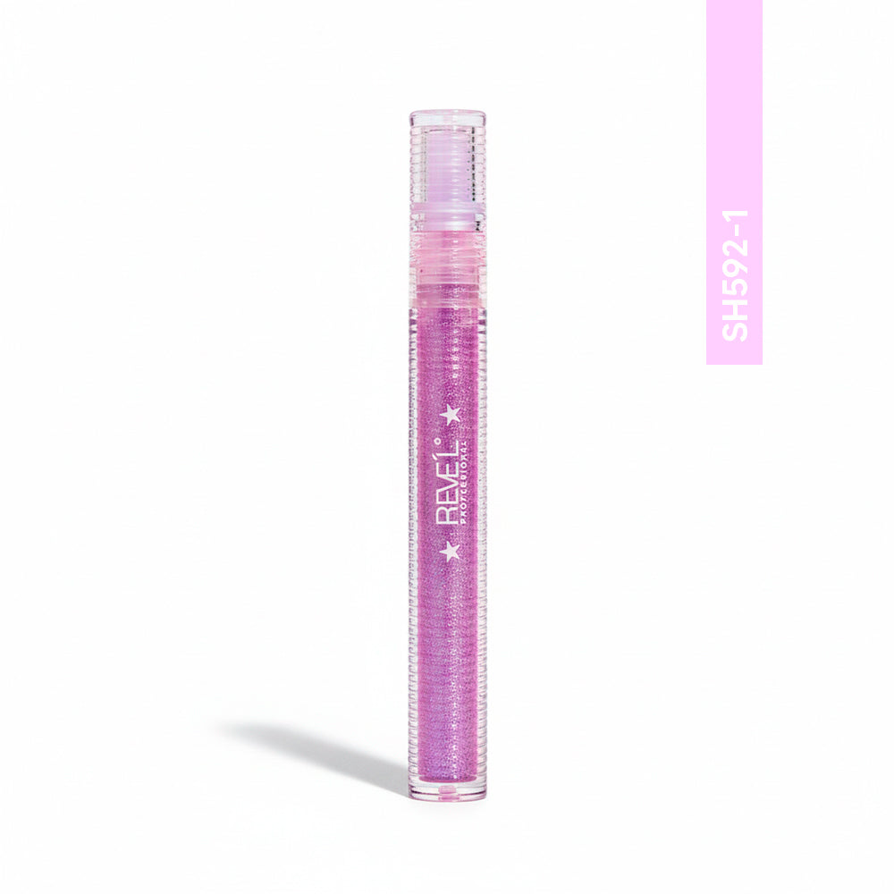 Reve'l Lip Gloss Glitter Escarchado SH592-1 tono lila, envase transparente alargado con aplicador