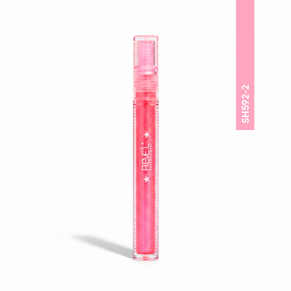 Reve'l Lip Gloss Glitter Escarchado SH592-2 tono rosa, envase transparente alargado con aplicador