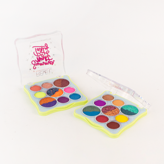 Paleta de sombras Summer Night Party 9 tonos vibrantes abierta mostrando espejo y colores — Reve'l Professional