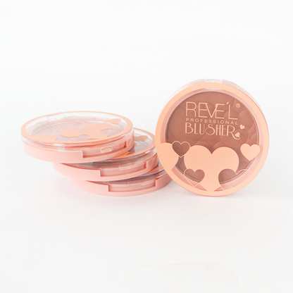 Rubor en polvo Passion de Mujer Reve'l Professional apilados mostrando tono marrón chocolate con diseño de corazones en relieve, estuche redondo rosa dorado