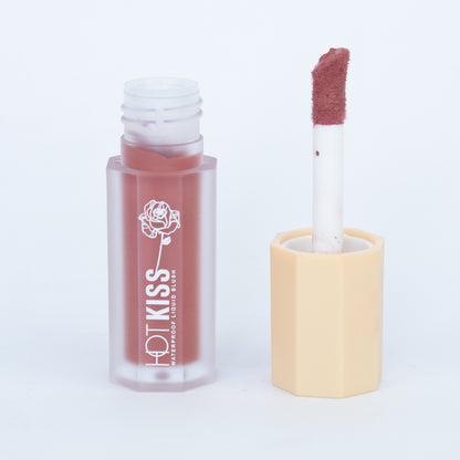 Rubor líquido Hot Kiss Waterproof abierto mostrando aplicador doe-foot en tono mauve rosewood — Reve'l Professional 4ml