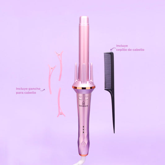 Rizadora automática de ondas Wave Curl Bellespa en color rosa con gancho para cabello, cepillo de cola negro e indicador LED sobre fondo lila