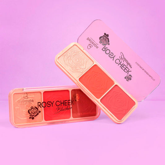 Rosy Cheek Blusher Palette Bellespa – Paleta de rubor e iluminador de 3 colores con diseño de rosa en relieve, fondo lila