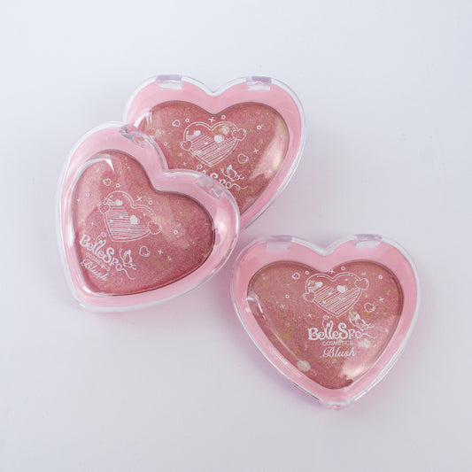 Rubor Blush corazón shimmer con destellos dorados e iluminador integrado en estuche corazón transparente — Bellespa Cosmetics