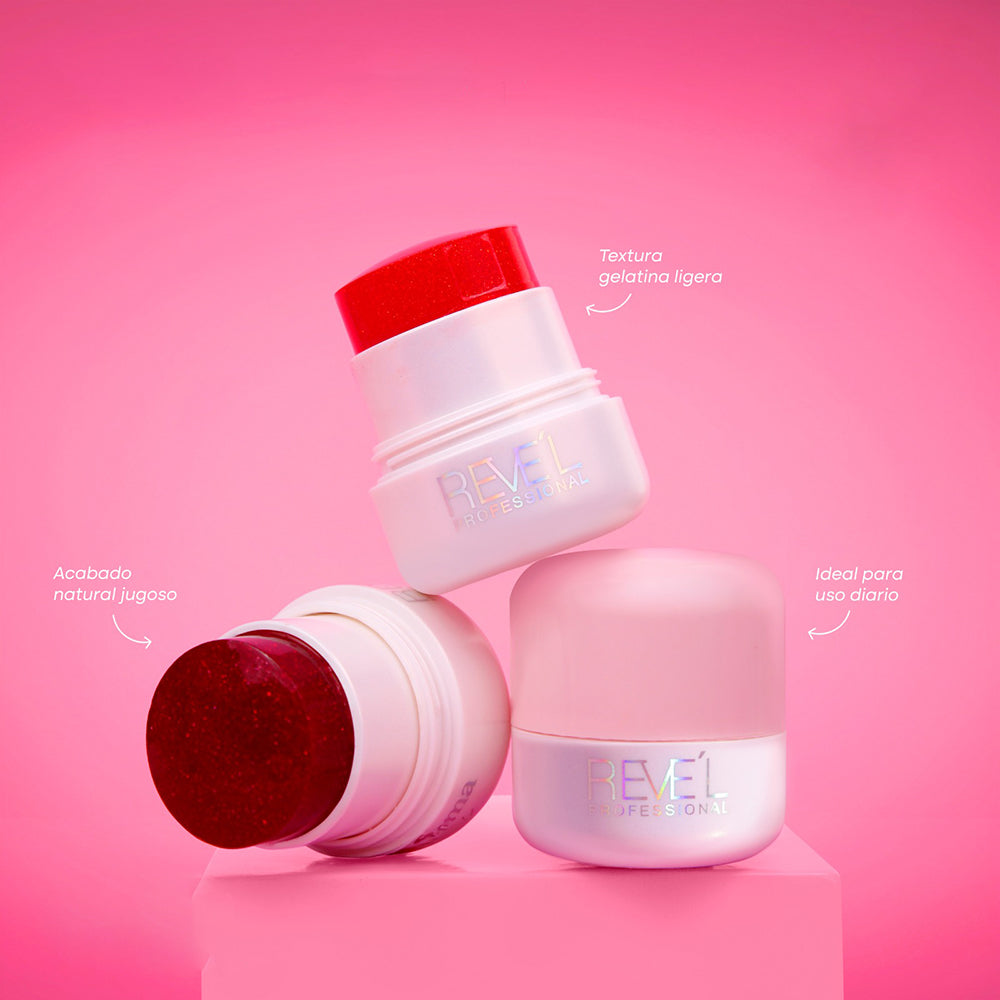 Rubor en Crema Gelatina Ligera Reve'l formato tarro en tonos rojo con glitter y rosa claro, acabado natural jugoso ideal para uso diario
