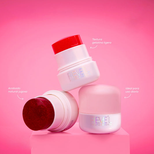 Rubor en Crema Gelatina Ligera Reve'l formato tarro en tonos rojo con glitter y rosa claro, acabado natural jugoso ideal para uso diario