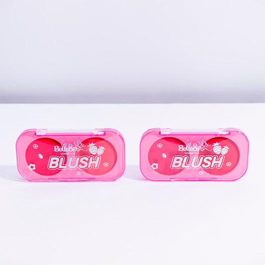 Dúo rubor Blush compacto con 2 tonos en polvo rosa en estuche rectangular con decoración de fresas — Bellespa Cosmetics