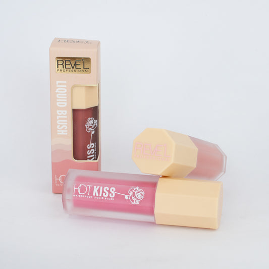 Rubor líquido Hot Kiss Waterproof con tapa hexagonal crema y decoración de rosa en tonos rosa y berry con caja — Reve'l Professional 4ml