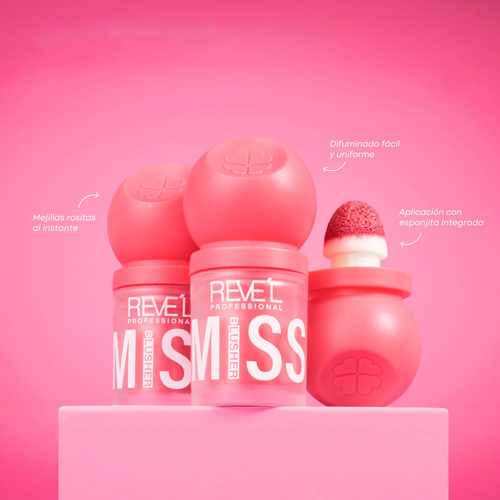 Rubor Miss Blusher Reve'l Professional con esponjita aplicadora integrada en tono coral rosa, mejillas rositas al instante difuminado uniforme