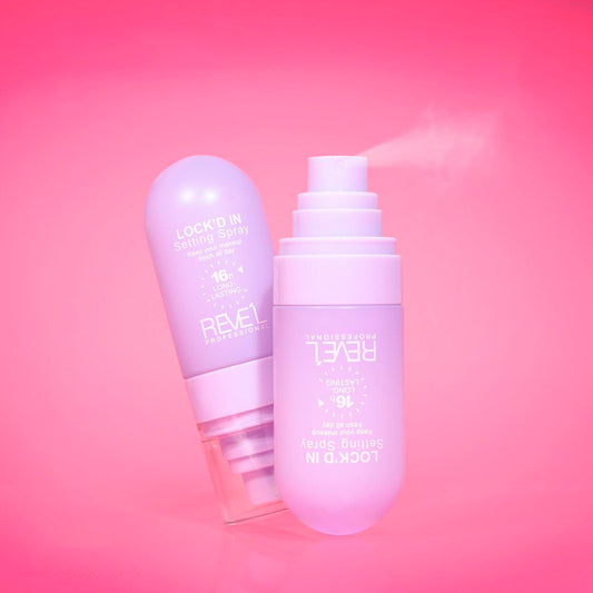 Sellador de maquillaje Lock'd In Reve'l Professional fórmula 16 horas long-lasting en envase lila con dispensador
