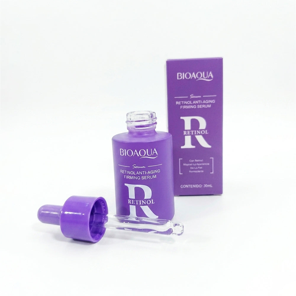Sérum Retinol Anti-Aging Firming Serum 30ml Bioaqua con gotero separado y caja morada al fondo, frasco abierto mostrando pipeta de vidrio