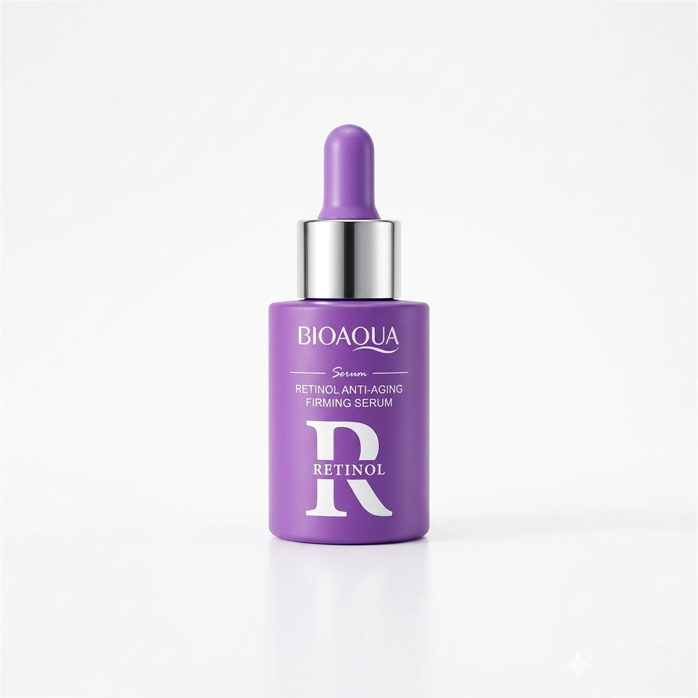 Sérum Retinol Anti-Aging Firming Serum Bioaqua en frasco gotero morado con tapa plateada, fórmula antiedad de uso nocturno