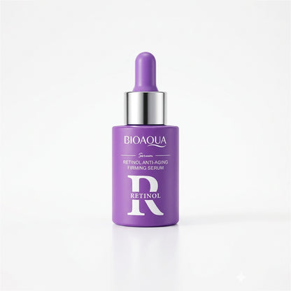 Sérum Retinol Anti-Aging Firming Serum Bioaqua en frasco gotero morado con tapa plateada, fórmula antiedad de uso nocturno