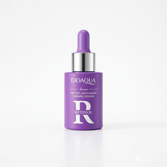 Sérum Retinol Anti-Aging Firming Serum Bioaqua en frasco gotero morado con tapa plateada, fórmula antiedad de uso nocturno