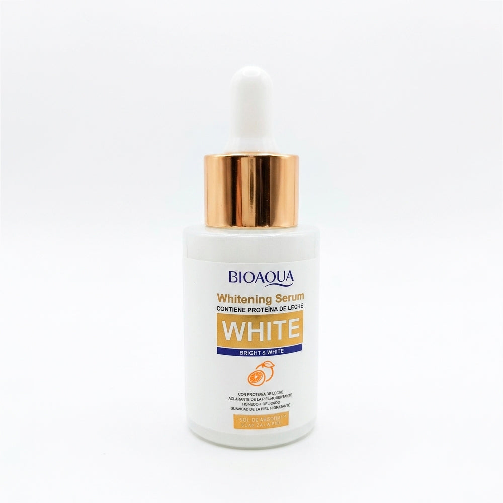 Serum Whitening Bright & White Bioaqua 30ml con proteína de leche y vitamina C vista frontal, gotero con tapa rose gold