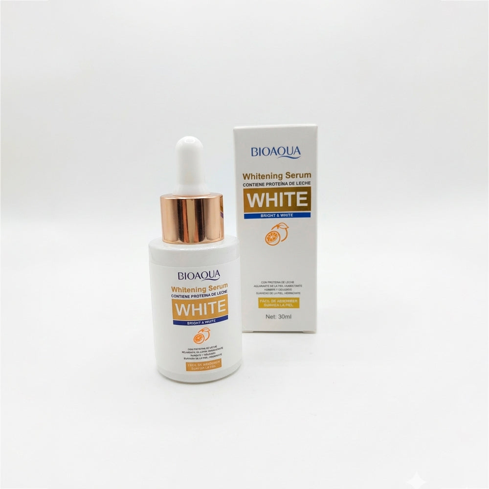 Serum Whitening Bright & White Bioaqua 30ml con proteína de leche y vitamina C, ilumina y unifica el tono de la piel