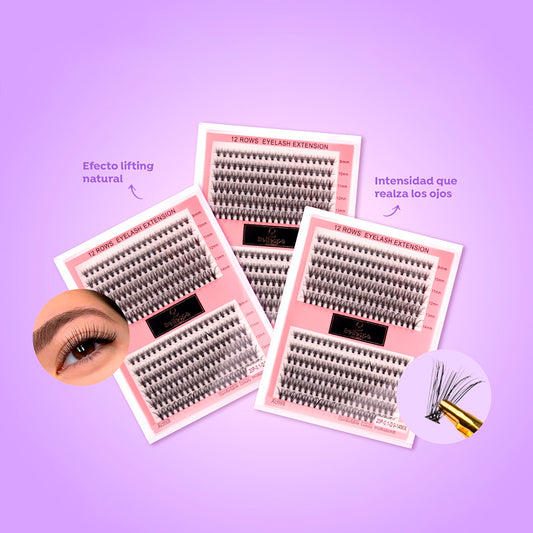 Set 12 rows eyelash extension curl D longitudes mixtas 9mm a 14mm Bellespa AC058, efecto lifting natural intensidad que realza los ojos