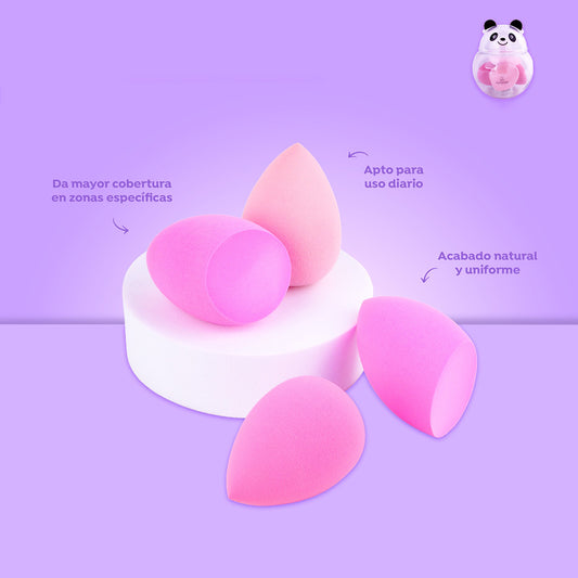 Set 4 Blenders Clásicos Acabado Natural Bellespa – Cuatro esponjas en tonos rosados de diferentes formas sobre fondo lila con empaque osito panda
