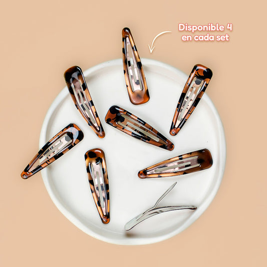 Set de 4 ganchos tic tac carey grande diseño marrón atigrado con brillo tornasolado