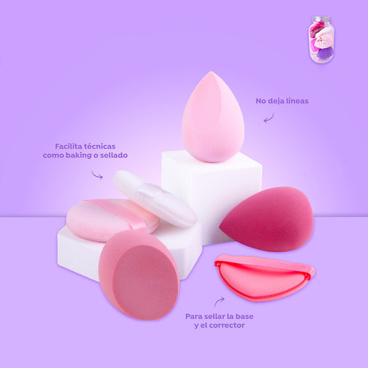 Set de 3 blenders rosados y 3 puffs para polvos en tonos rosa y vino Bellespa sobre fondo lila