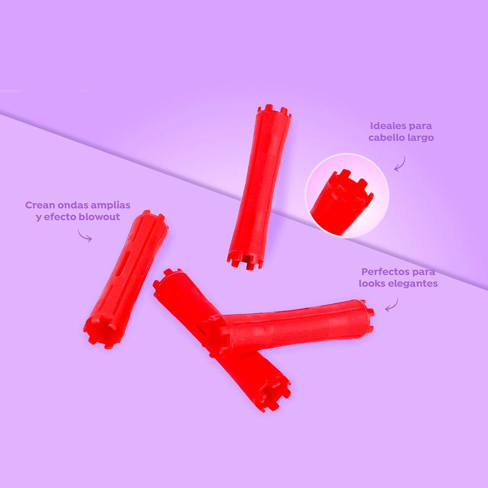 Set de 10 ruleros grandes rojos con sistema de encastre para efecto blowout ondas amplias y volumen en cabello largo sobre fondo lil