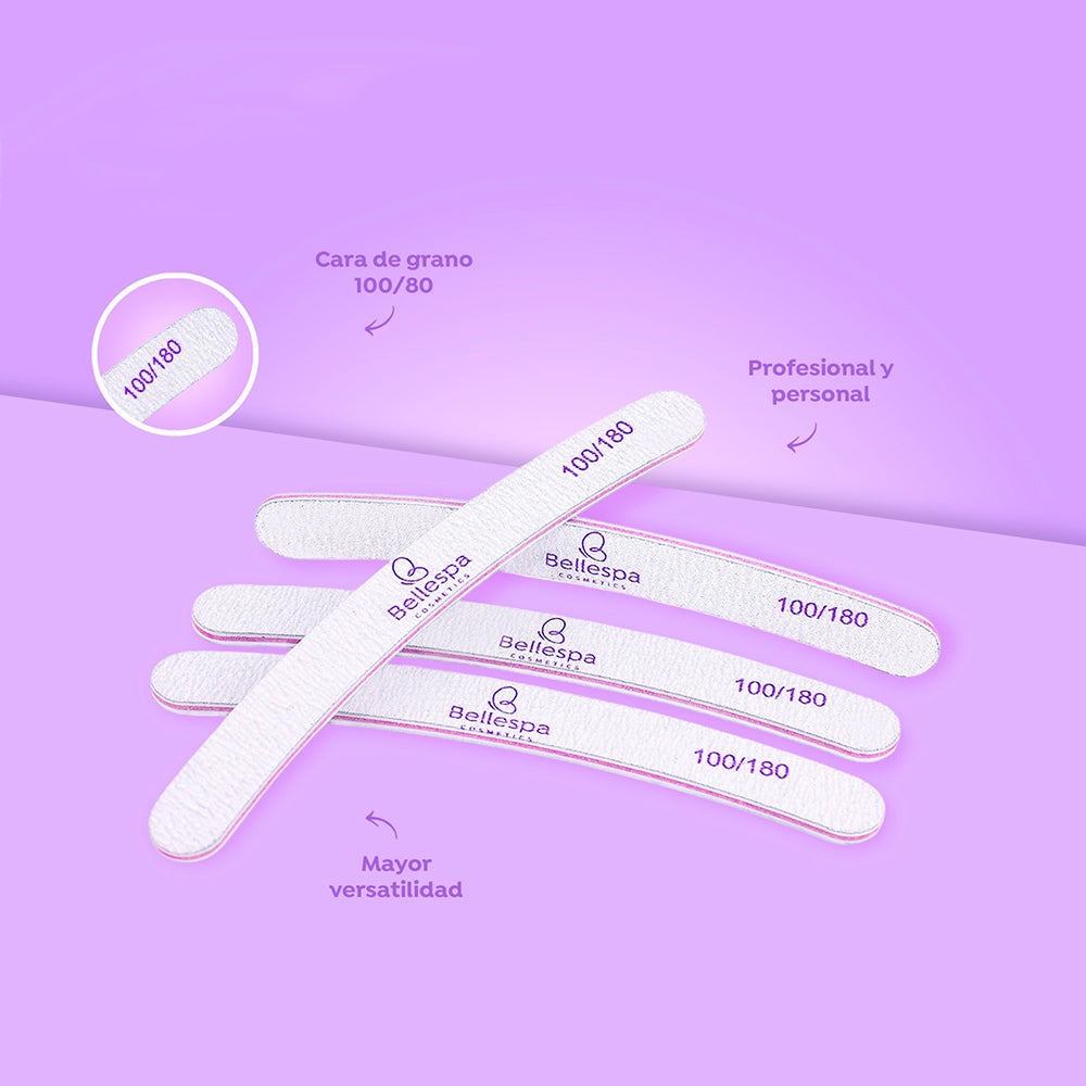 Set de 5 limas de uñas arco curvado doble cara 100/180 Bellespa Cosmetics versátiles para uñas naturales acrílicas y gel sobre fondo lila