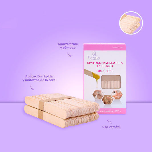 Set de 50 espátulas de madera desechables Bellespa Cosmetics para aplicación de cera facial y corporal con agarre firme y uso versátil sobre fondo lil