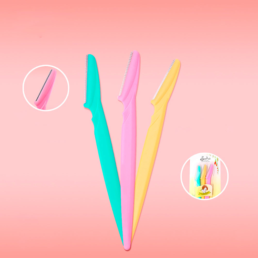 Set de 3 perfiladores faciales con cuchilla de precisión para cejas y rostro en colores verde menta rosa y amarillo sobre fondo rosado