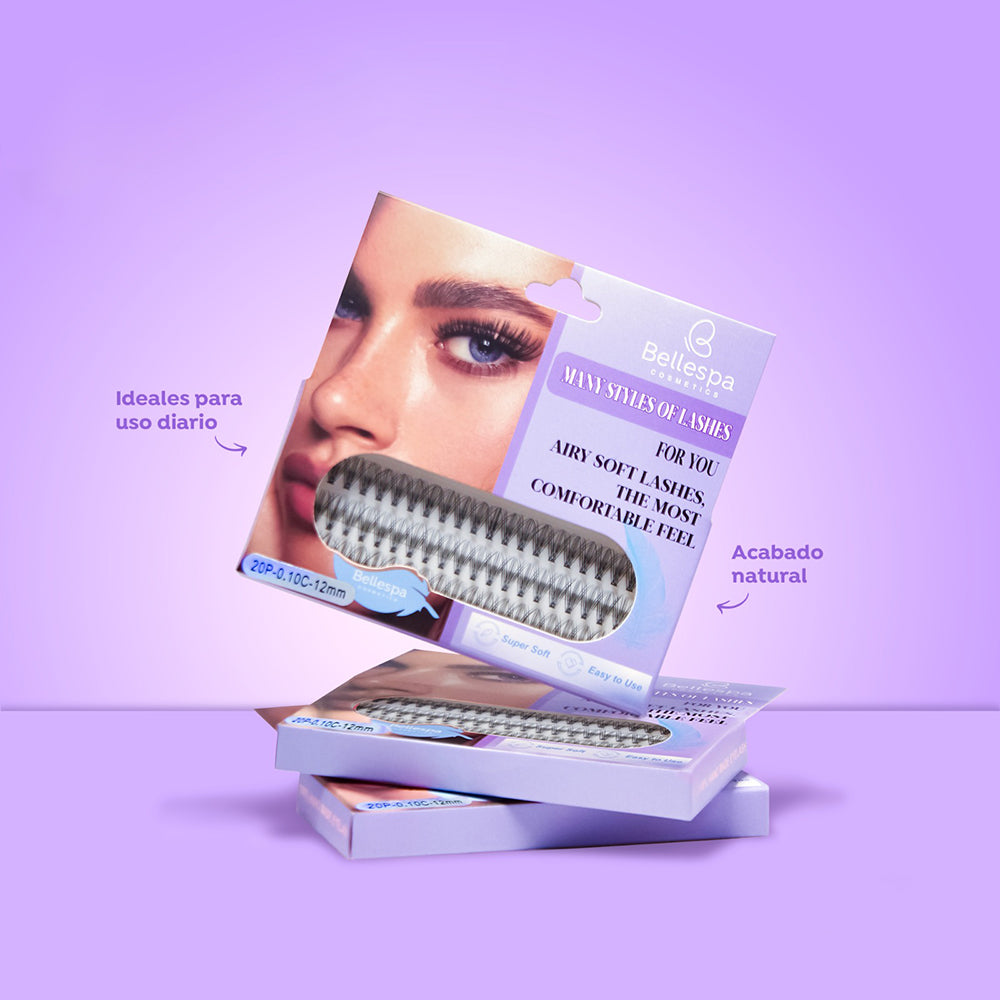 Set de extensiones de pestañas individuales 1x1 12mm Airy Soft Bellespa, acabado natural ideal para uso diario