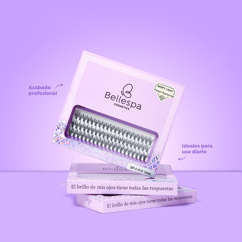 Set de extensiones de pestañas wispy light flower 12mm Bellespa Cosmetics, acabado profesional ideal para uso diario