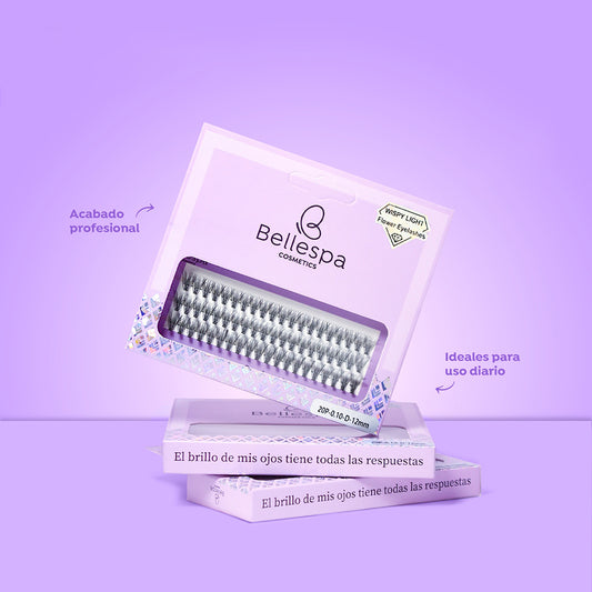 Set de extensiones de pestañas wispy light flower 12mm Bellespa Cosmetics, acabado profesional ideal para uso diario